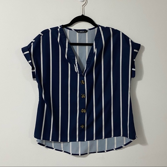 Shein Blue & White Striped Short Sleeve Blouse | M - Picture 2 of 9